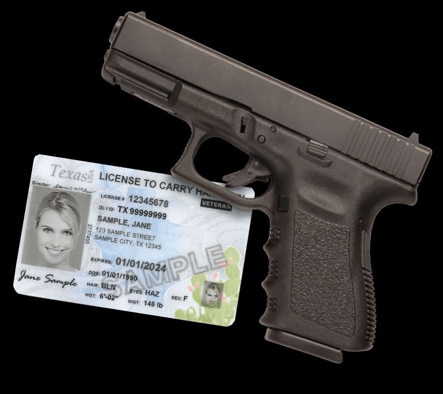 A Texas License to Carry card next to a semi-automatic pistol